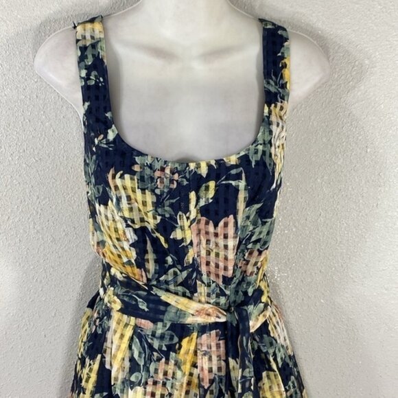 NWT Anne Klein navy floral belted check square fit and flare dress 8 UU10 - Picture 5 of 14